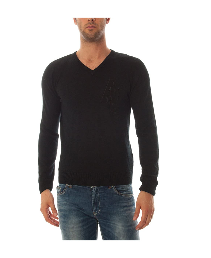 Armani Jeans V-neck Emblem Pullover In Black