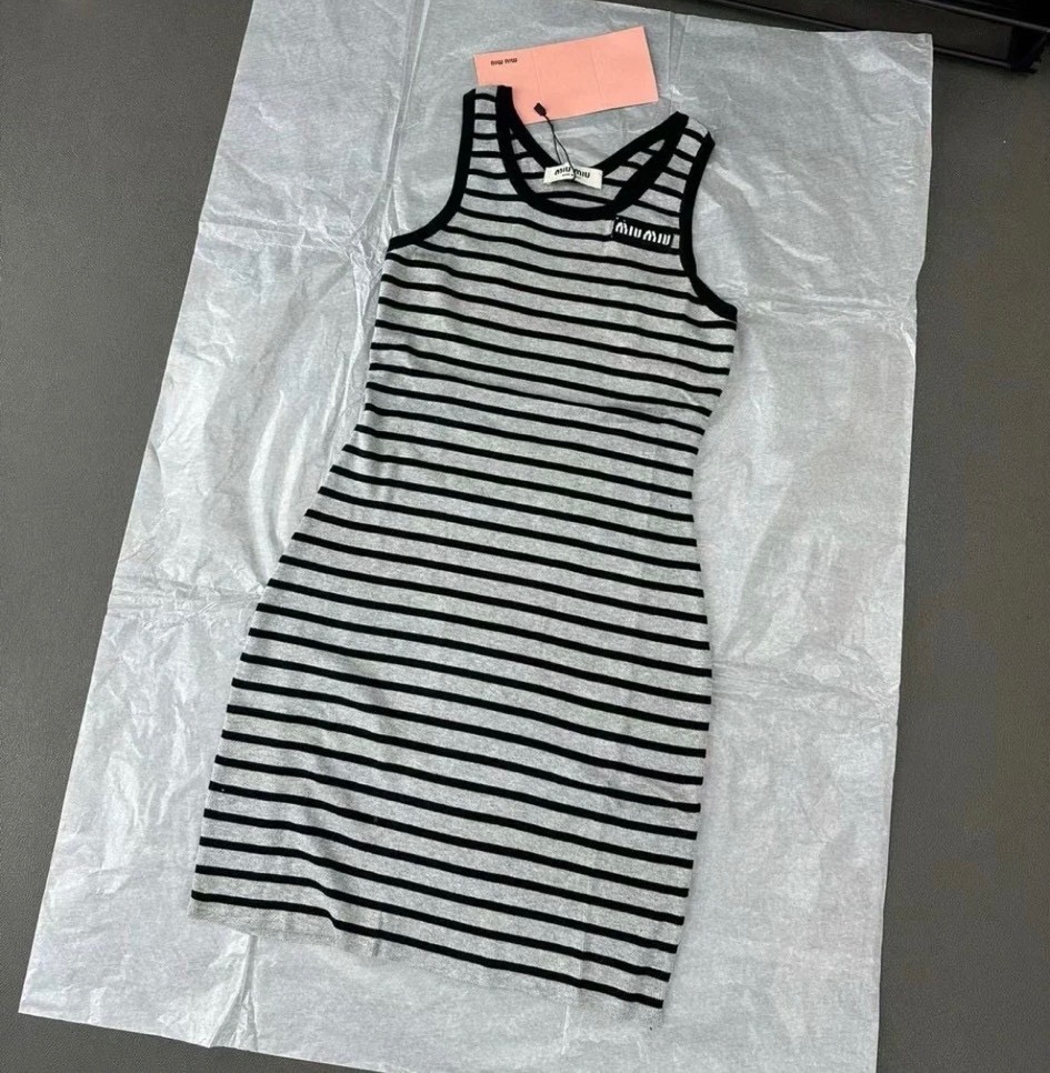 Miu Miu Striped Dress In Gray