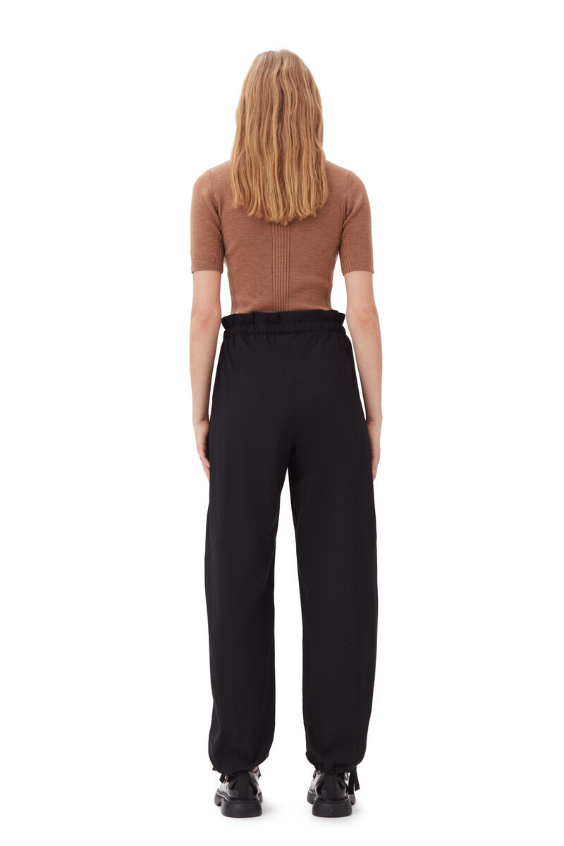 Ganni Black Drapey Melange Elasticated Waist Trousers In Black