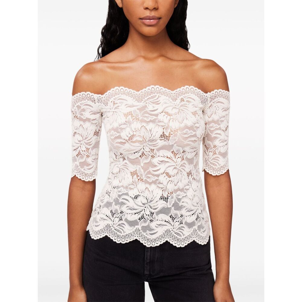 Rabanne Off-white Stretch Lace Short Sleeve Top In White