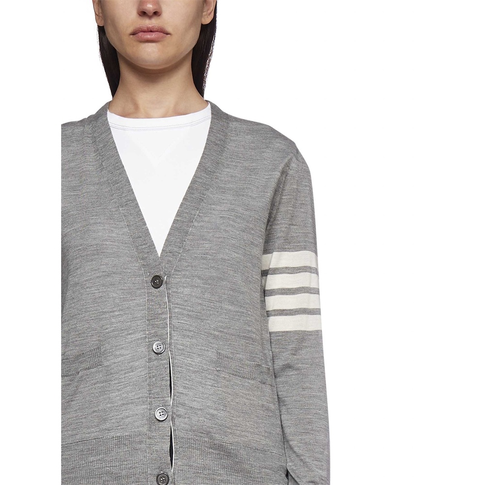 Thom Browne Virgn Wool Cardigan Dress With Sporty Stripe Detail In Gray