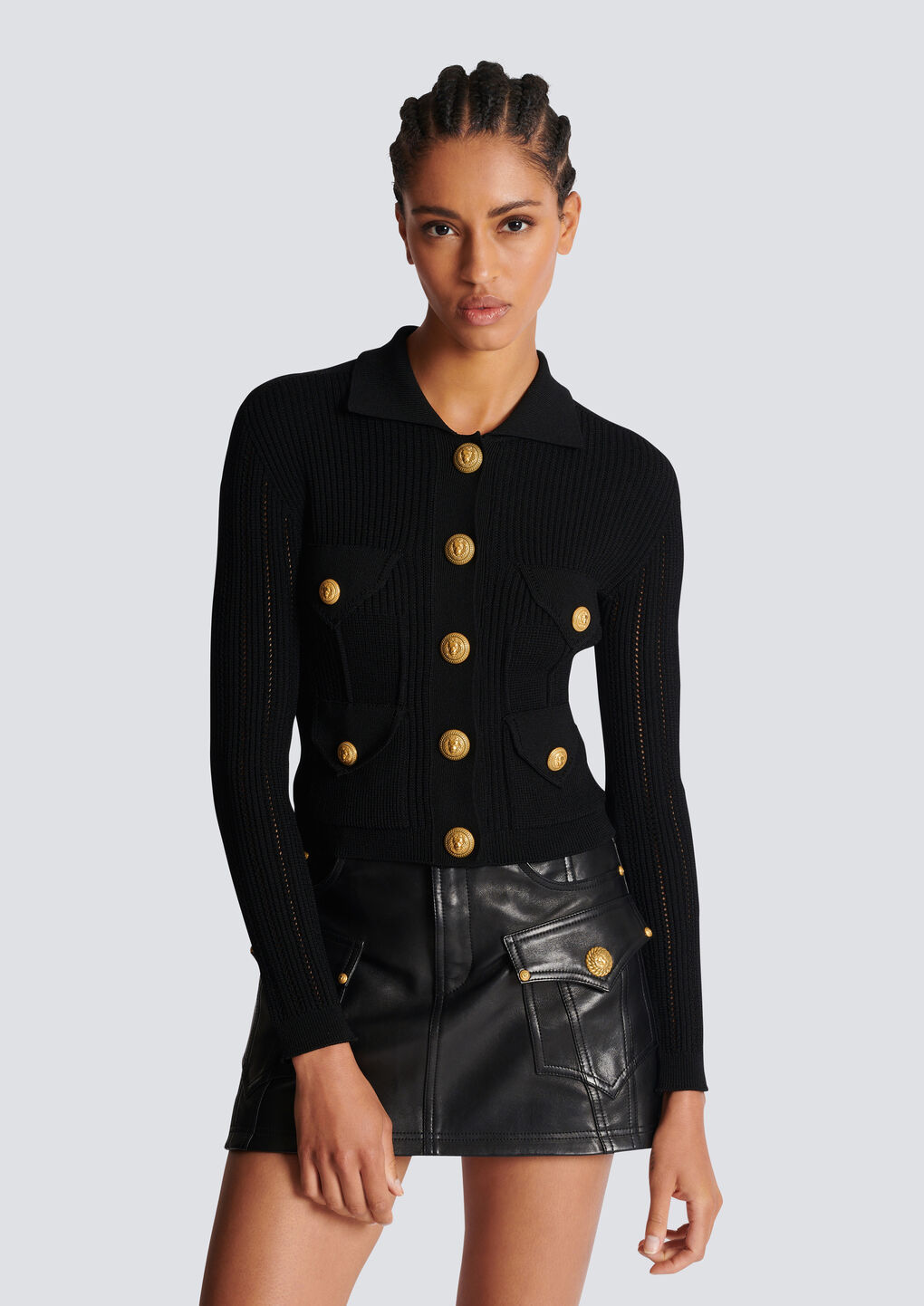 Balmain Button-embellished Ribbed Cardigan In Black