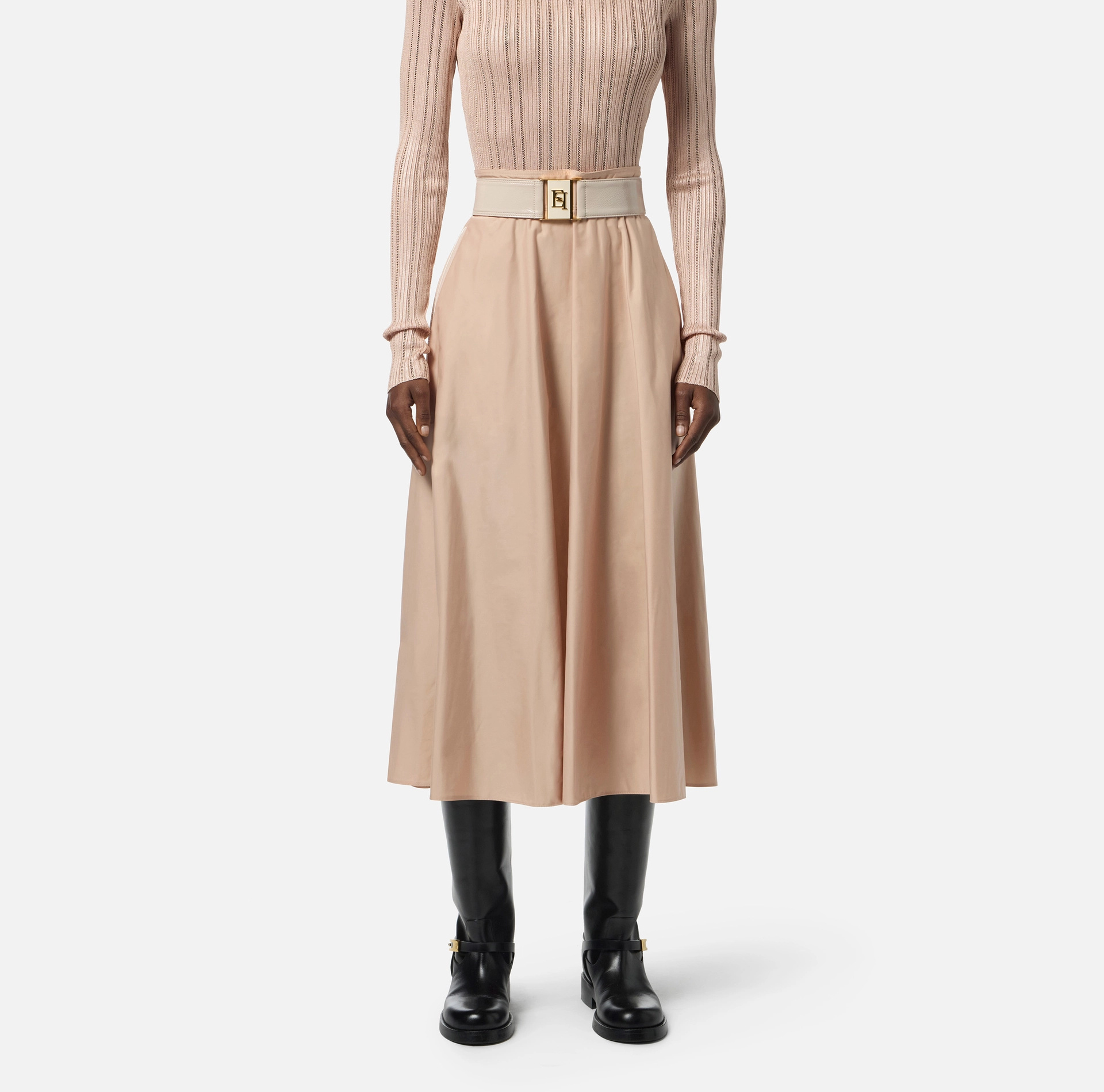 Elisabetta Franchi Skirt In Voile Fabric With Belt In Neutral