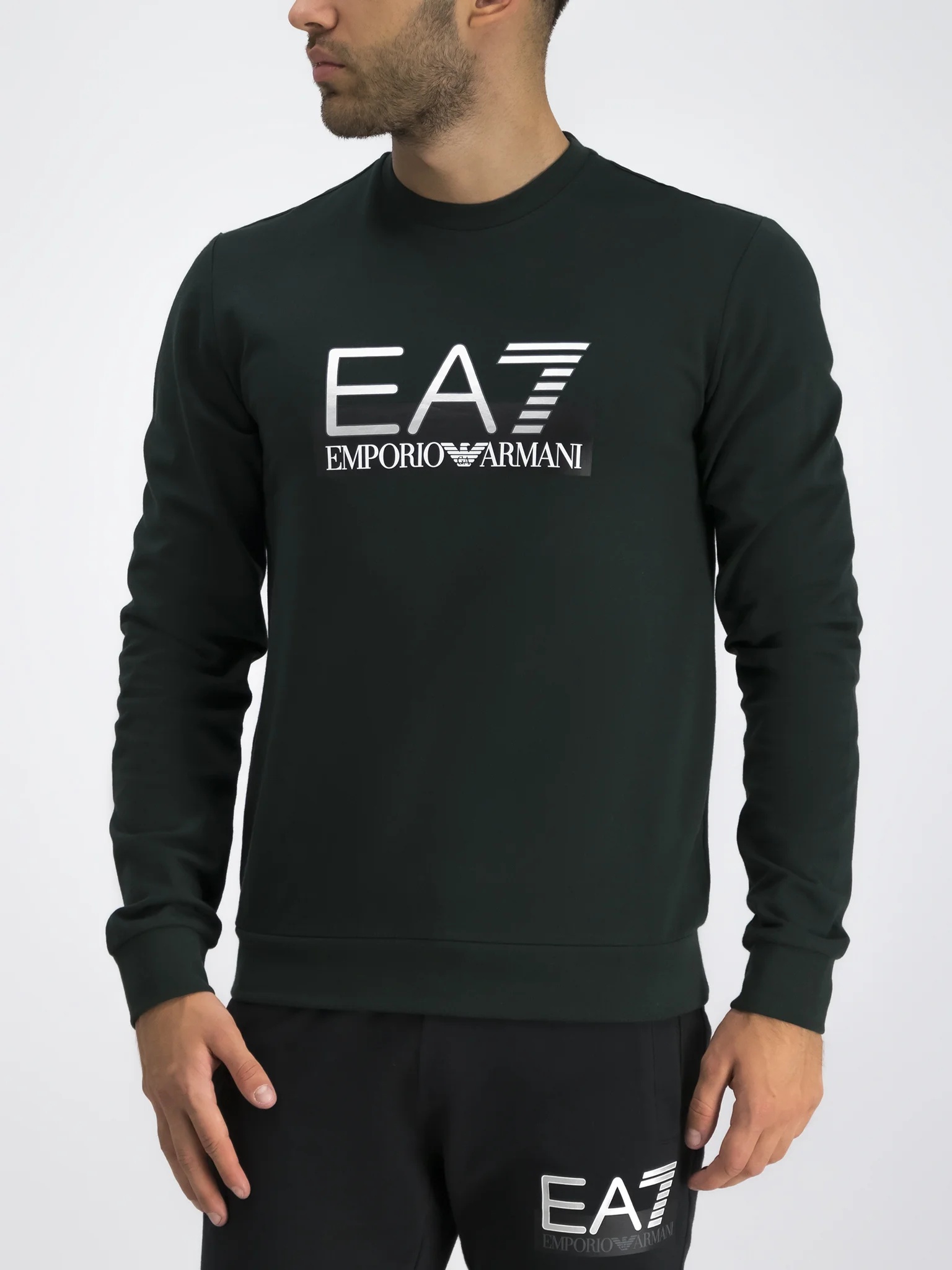 Ea7 Round Collar Long Sleeve Sweater In Black