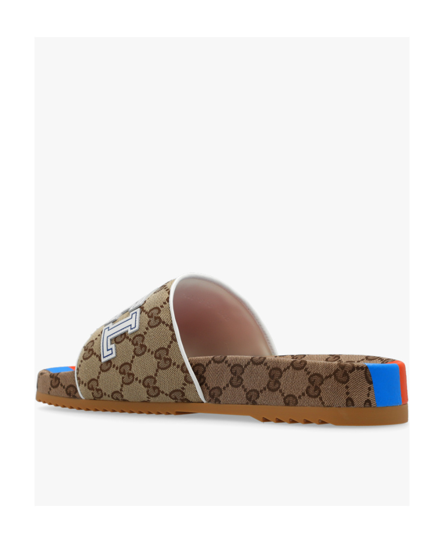 Gucci Gg Canvas Logo-patch Slides In Brown