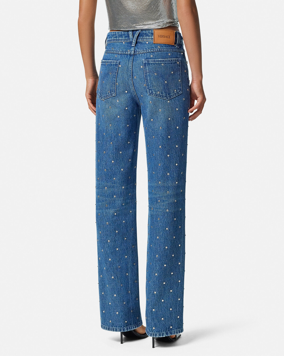 Versace Stud Embellishment Straight-leg Tousers In Blue