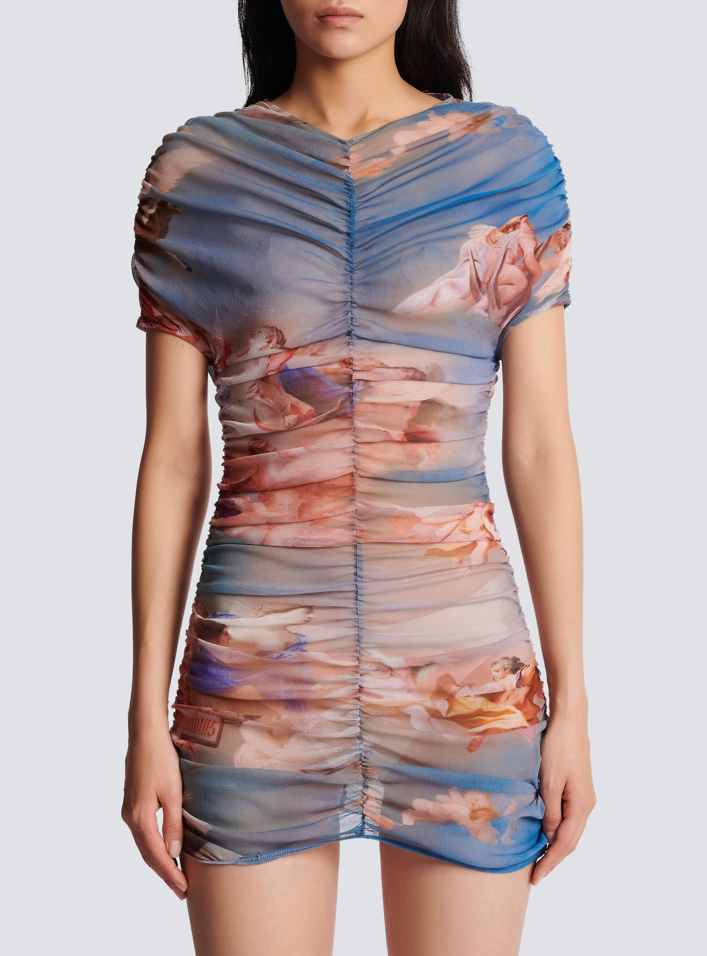 Balmain Sky-print Ruched Tulle Mini Dress In Multicolor