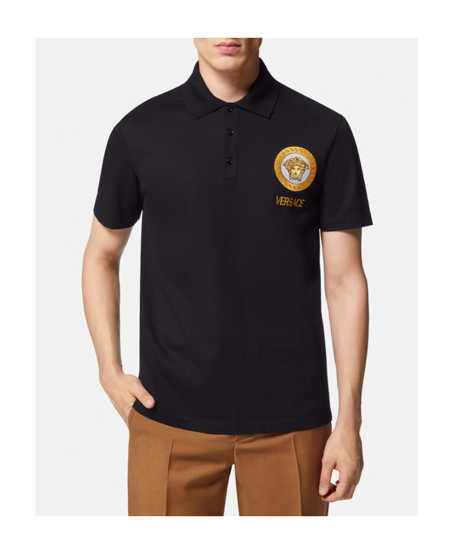 Versace Cotton Polo Shirt With Medusa Patch In Black