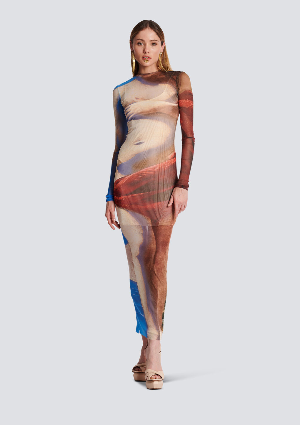 Balmain Trompe-l'oeil Printed Tulle Maxi Dress In Multicolor