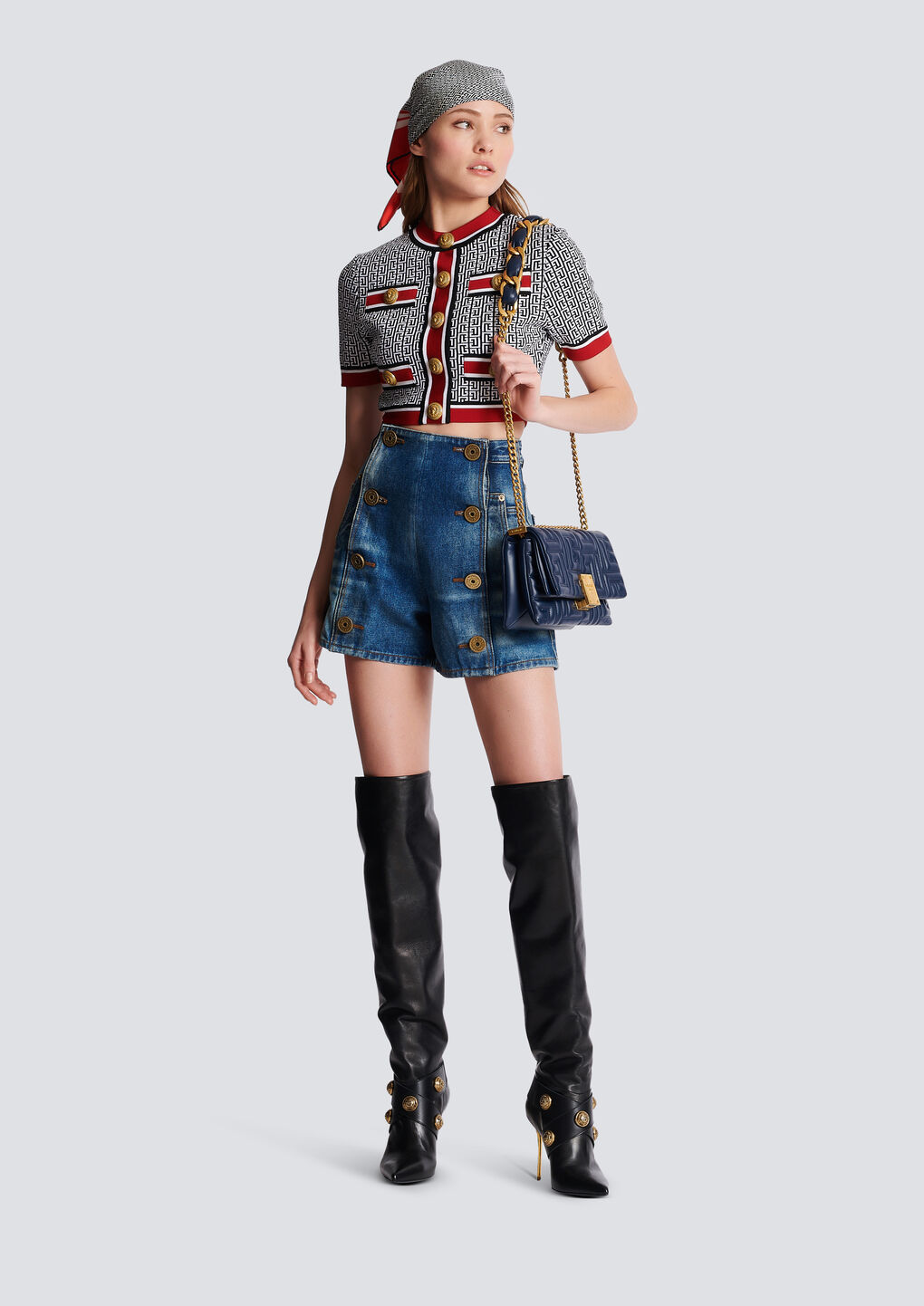 Balmain Monogram Jacquard Short Sleeve Crop Sweater In Black