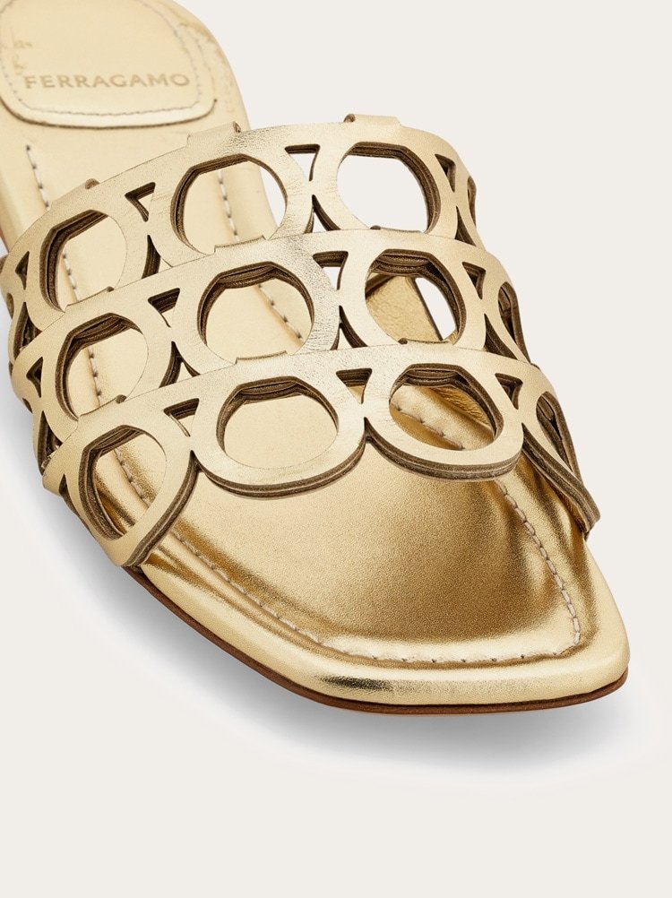 Ferragamo Erne Gancini Leather Slides In Gold