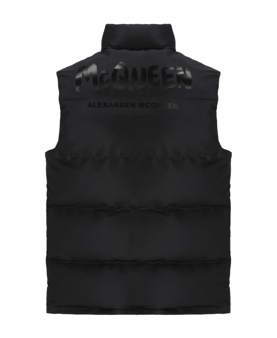 Alexander Mcqueen Men Padded And Quilted Nylon Sleeveless Jacket With Back Mcqueen Graffiti Print In Black