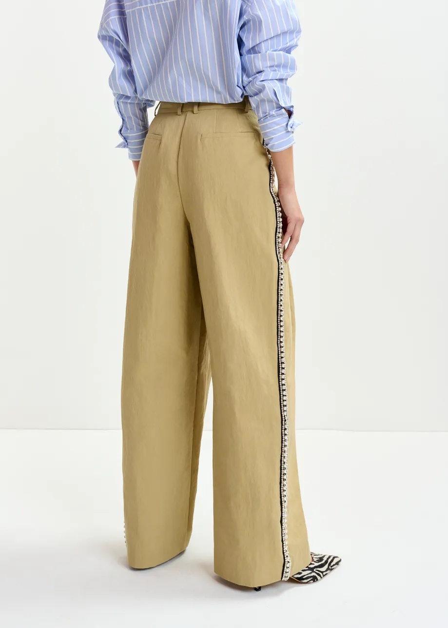 Essentiel Antwerp Beige Rhinestone-trimmed Pleated Wide-leg Pants In Brown