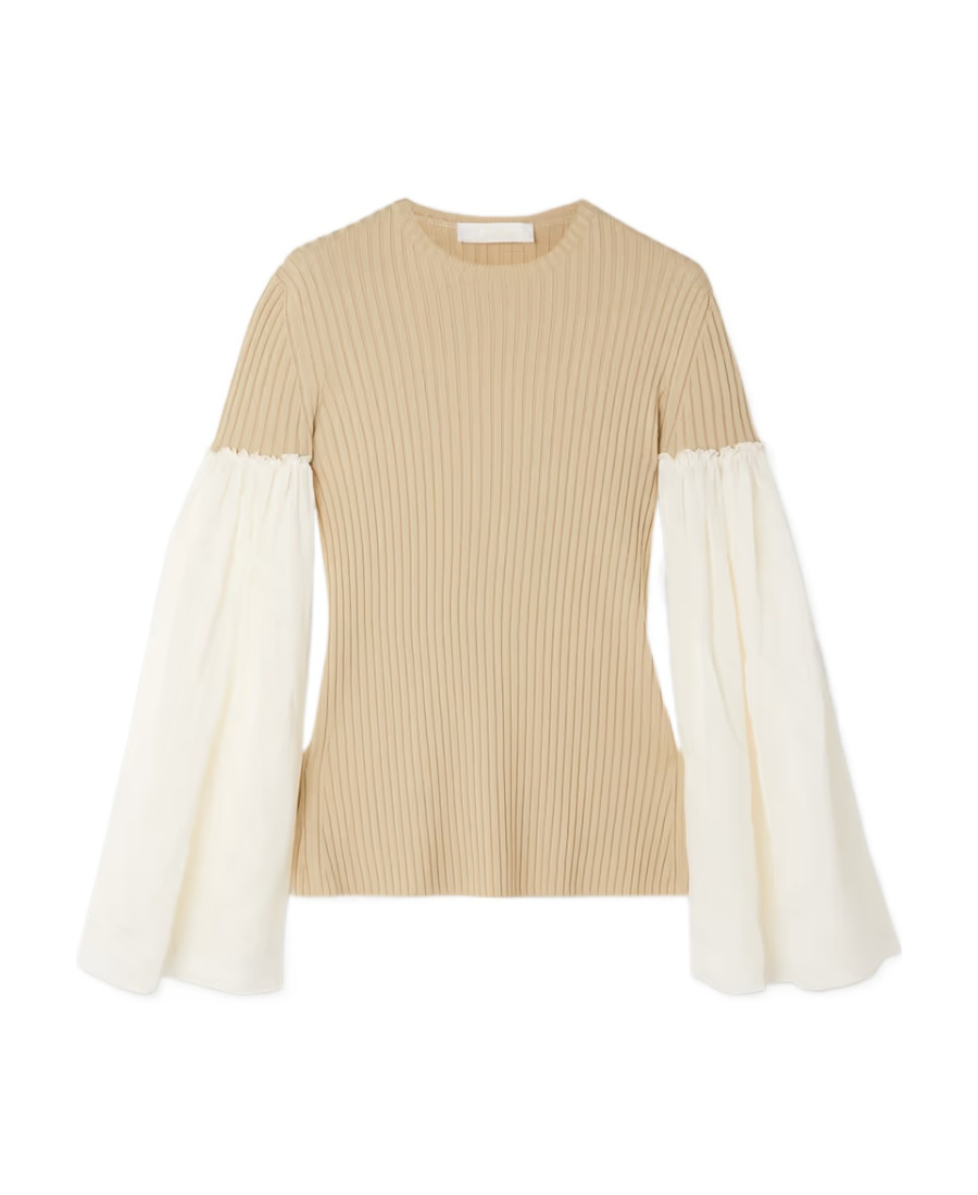 Chloé Logo Lantern Sleeve Rib Wool Blended Pullover In Nude