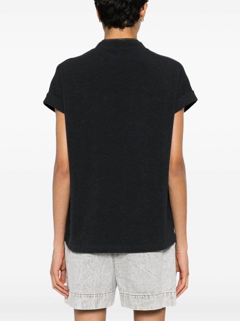 Brunello Cucinelli Black V-neck T-shirt With Monile Detail In Stretch Cotton Woman In Black