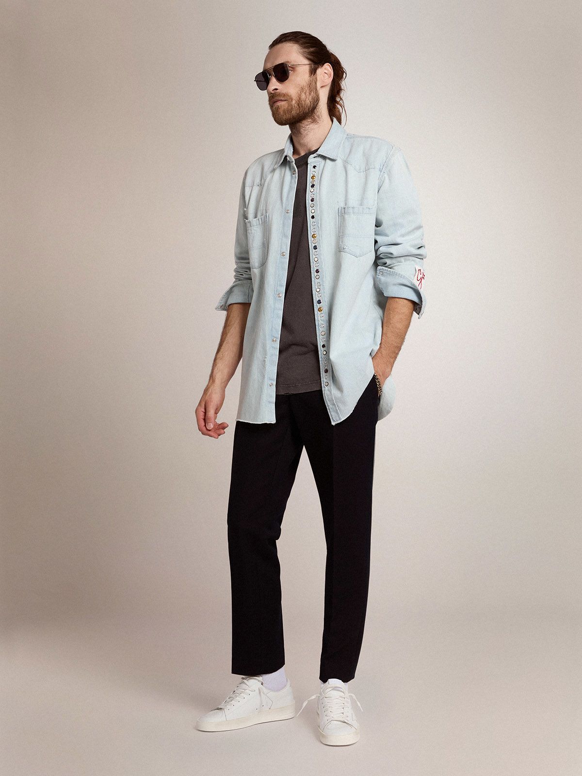 Golden Goose Golden Collection Bleached Denim Shirt In Gray