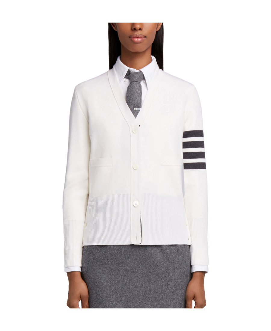 Thom Browne Milano Stitch V-neck Merino Cardigan In White