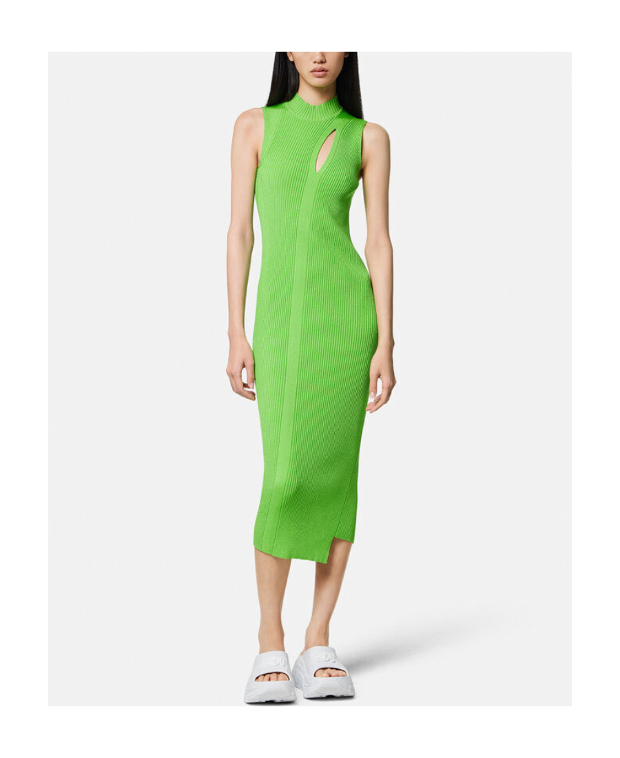 Versace Ribbed Knit Midi Dress With Front Cutout In Green