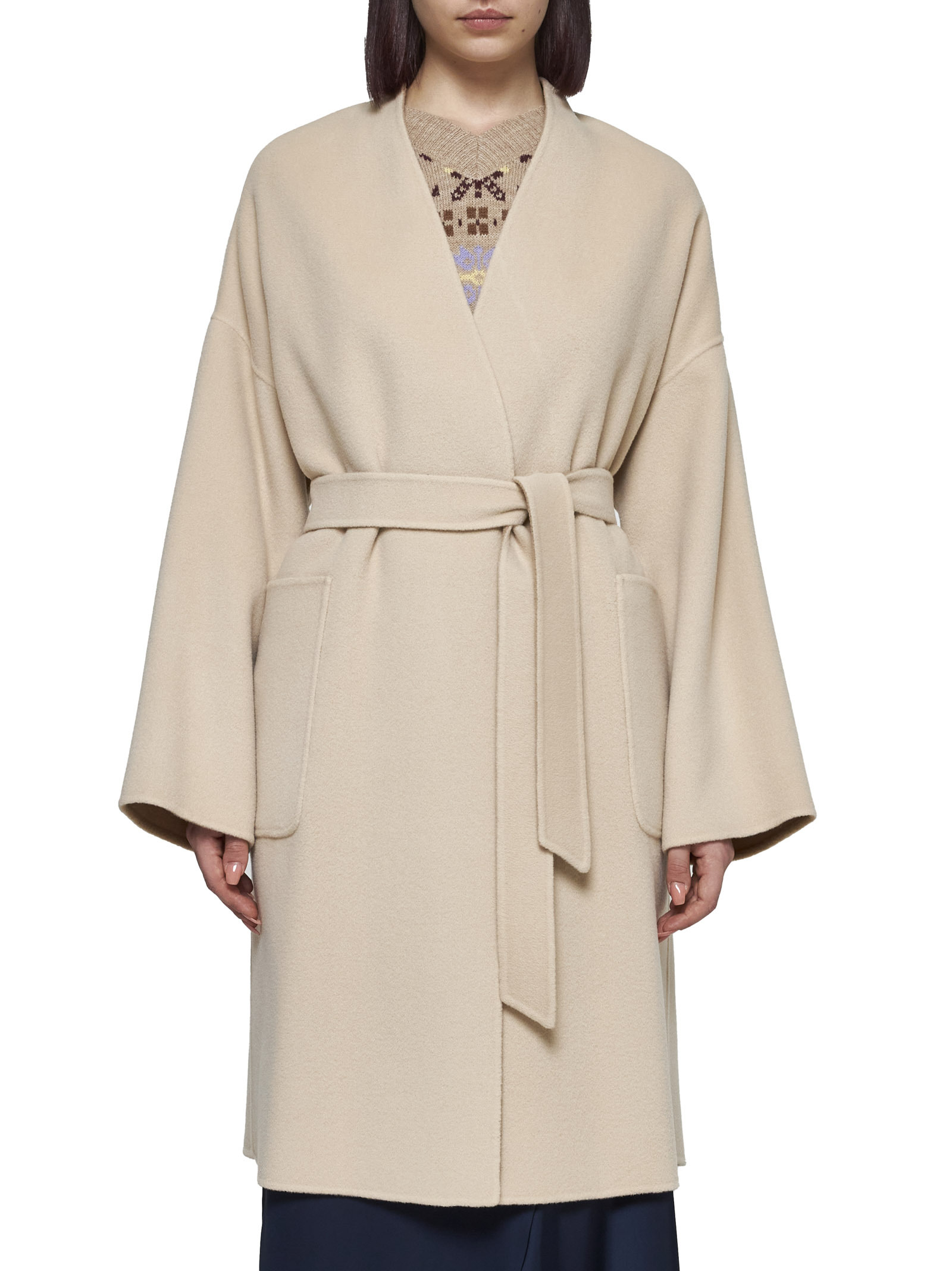 Weekend Max Mara Belted Long-sleeved Coat In Nude