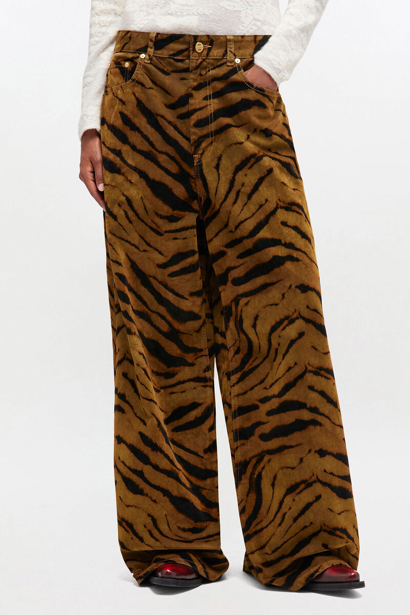 Ganni Zebra-print Cotton-blend Velveteen Wide-leg Pants In Brown