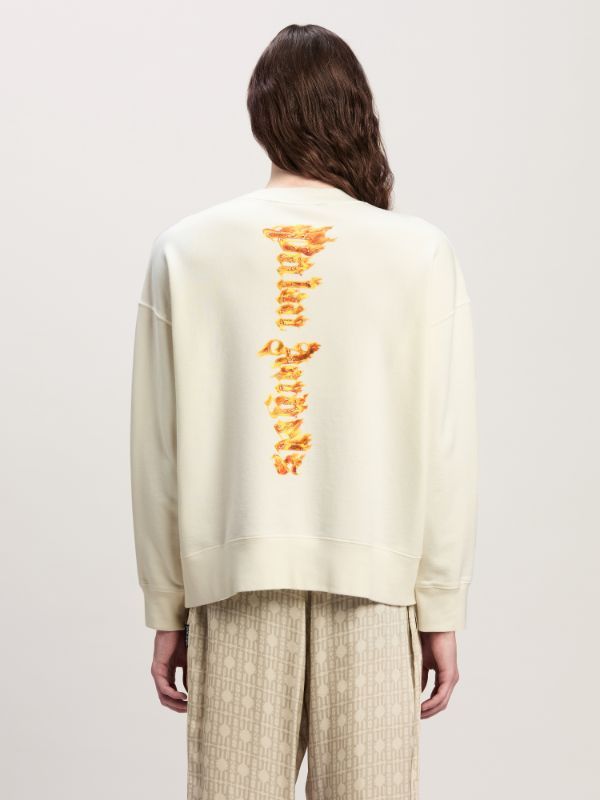 Palm Angels White Crewneck Sweatshirt With Burning Logo Print In Cotton Man In White