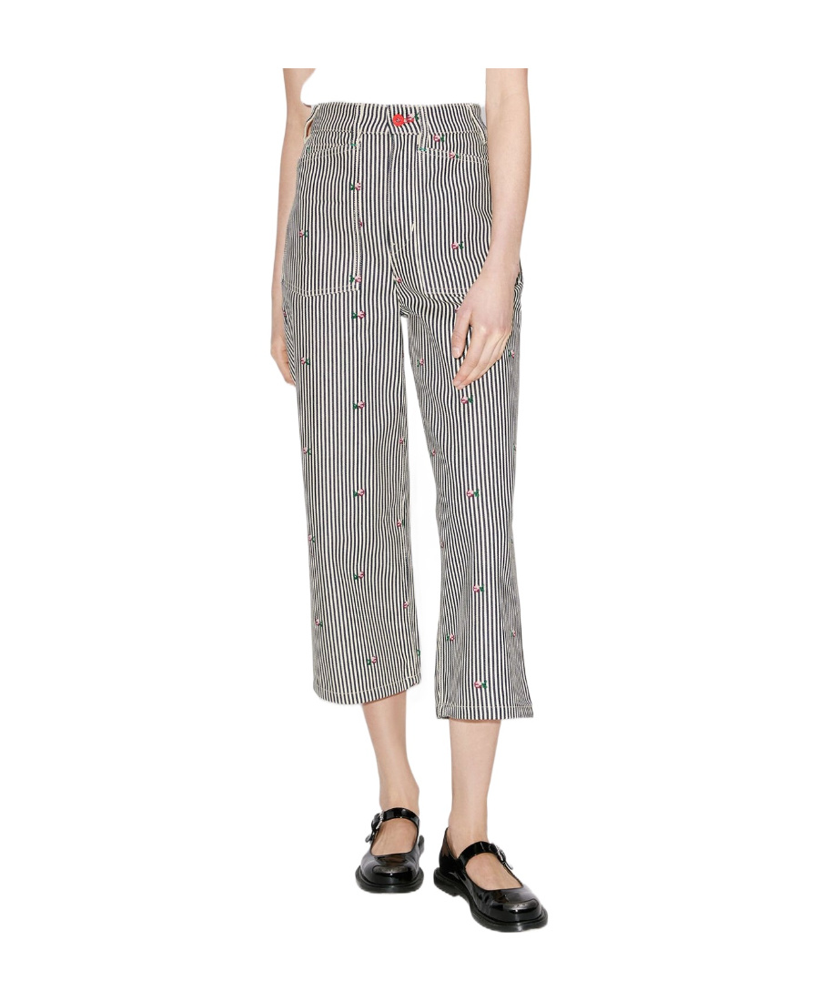 Kenzo Floral Embroidered Striped Cropped Jeans In Gray