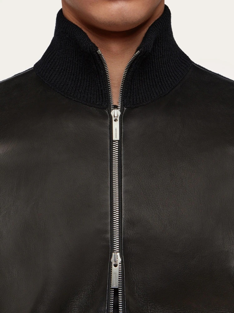 Ferragamo Luxury Wool And Leather Zip Cardigan For Men In Black