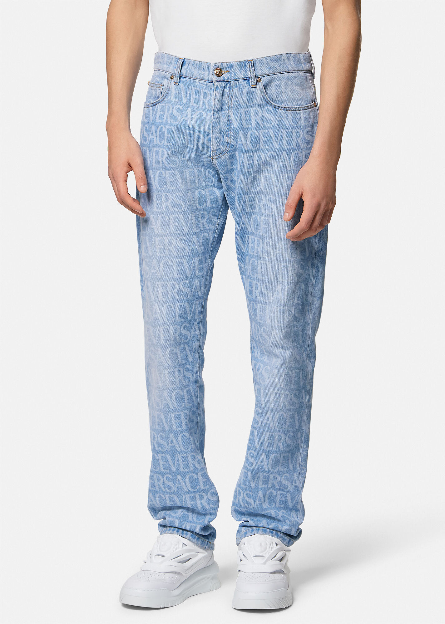 Versace Greek Braid Cable Knit Sweater In Blue