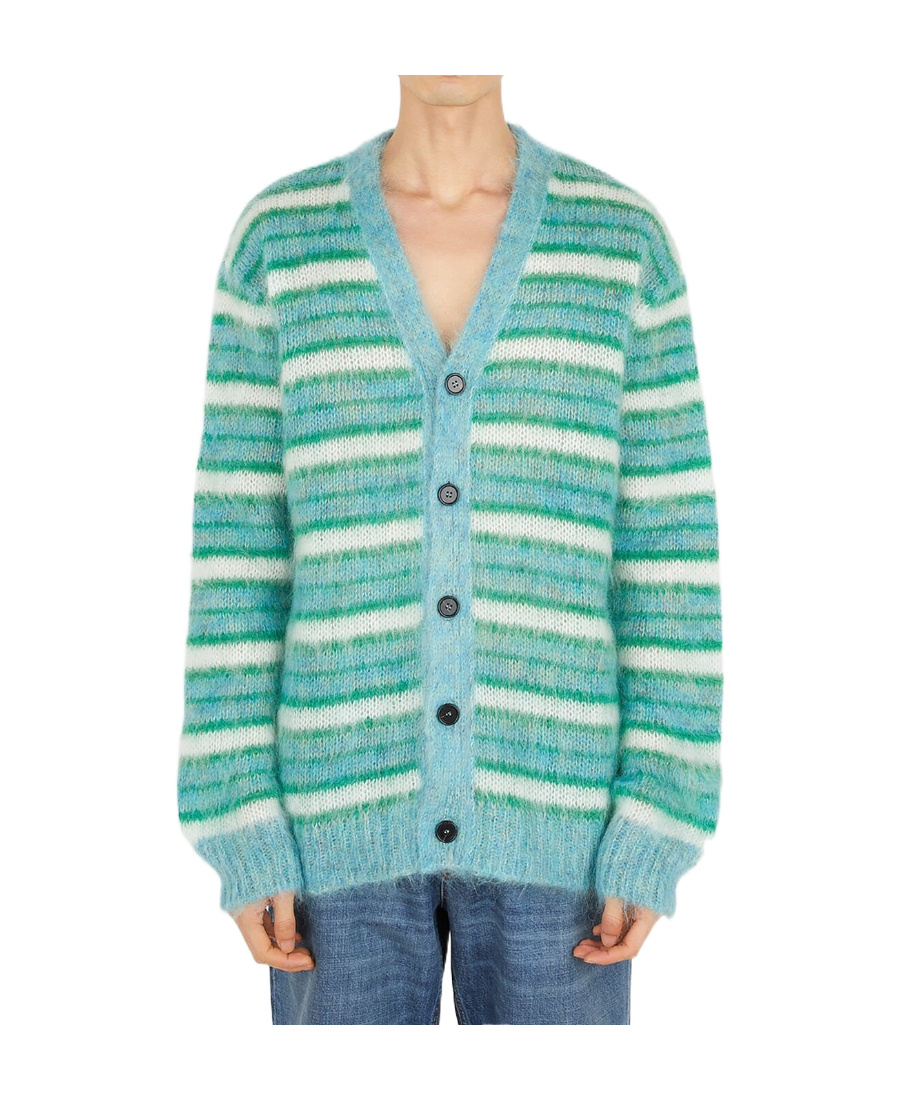 Marni Striped Buttoned-up Cardigan In Blue