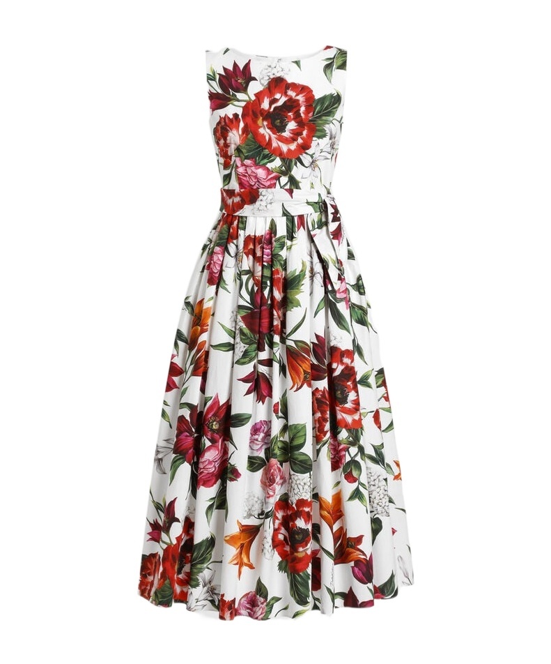 Dolce & Gabbana Sleeveless Dress In Cotton Poplin Flower Print In Animal Print