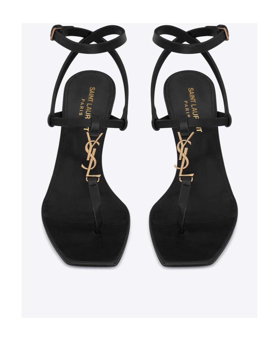 Saint Laurent Cassandra Sandals In Smooth Leather With Gold Monogram In Black