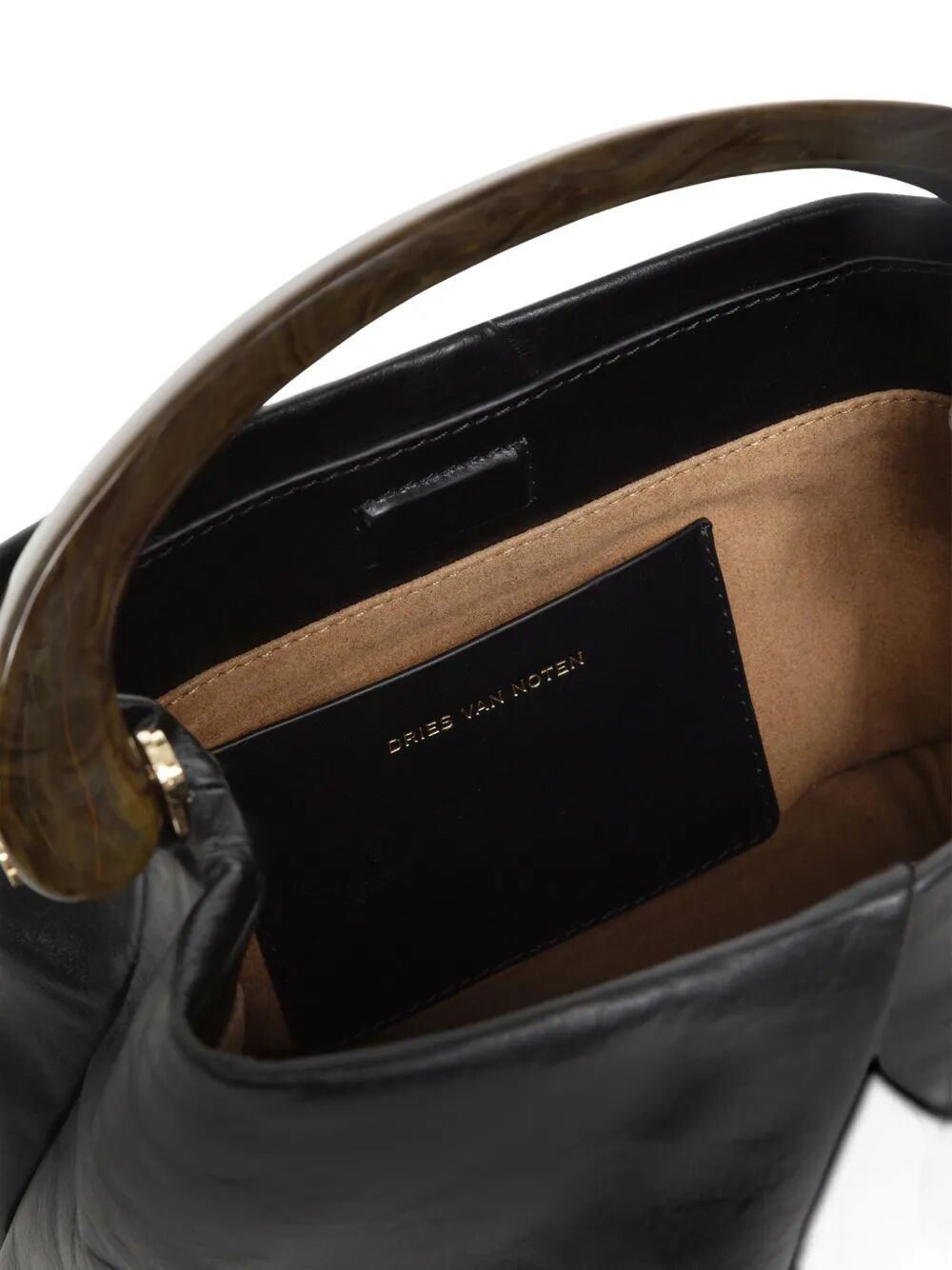Dries Van Noten Pleated Leather Hand With Resin Top Handle Bags In Black