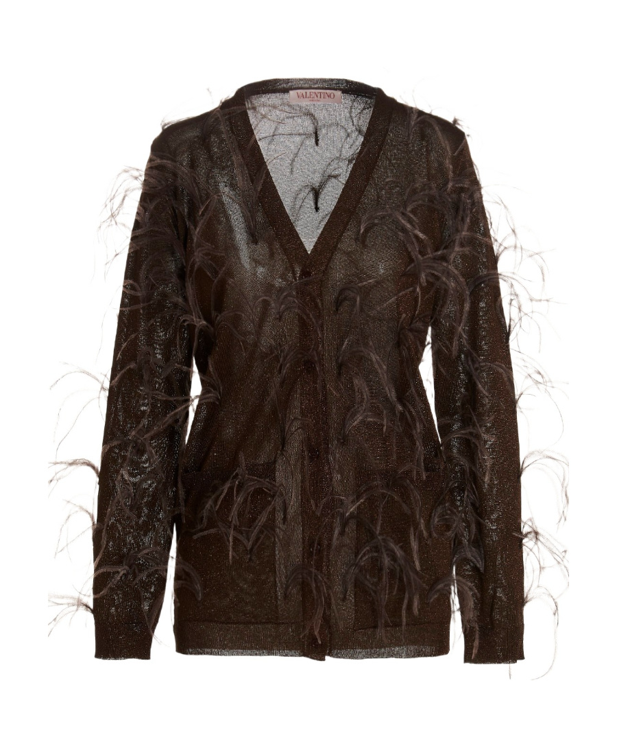 Valentino 'feather V-neck Sheer Cardigan With Ribbed Cuffs' In Black