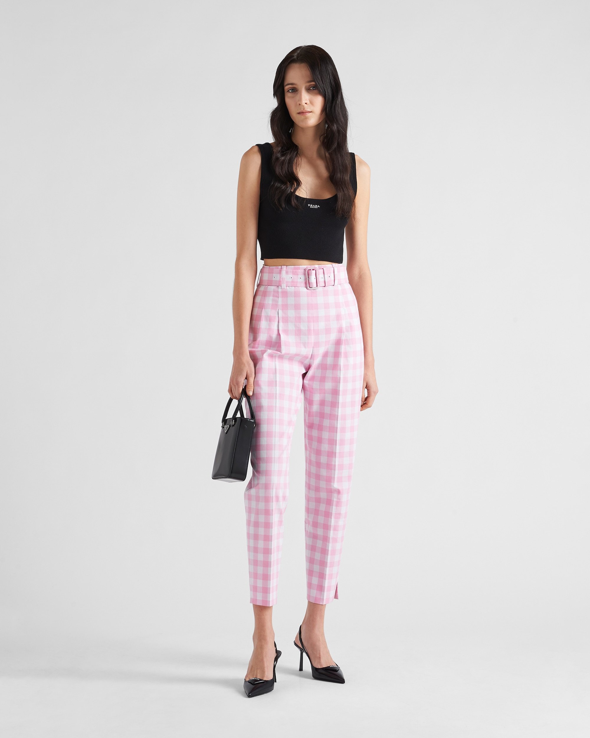 Prada Cropped Gingham Check Pants In Pink