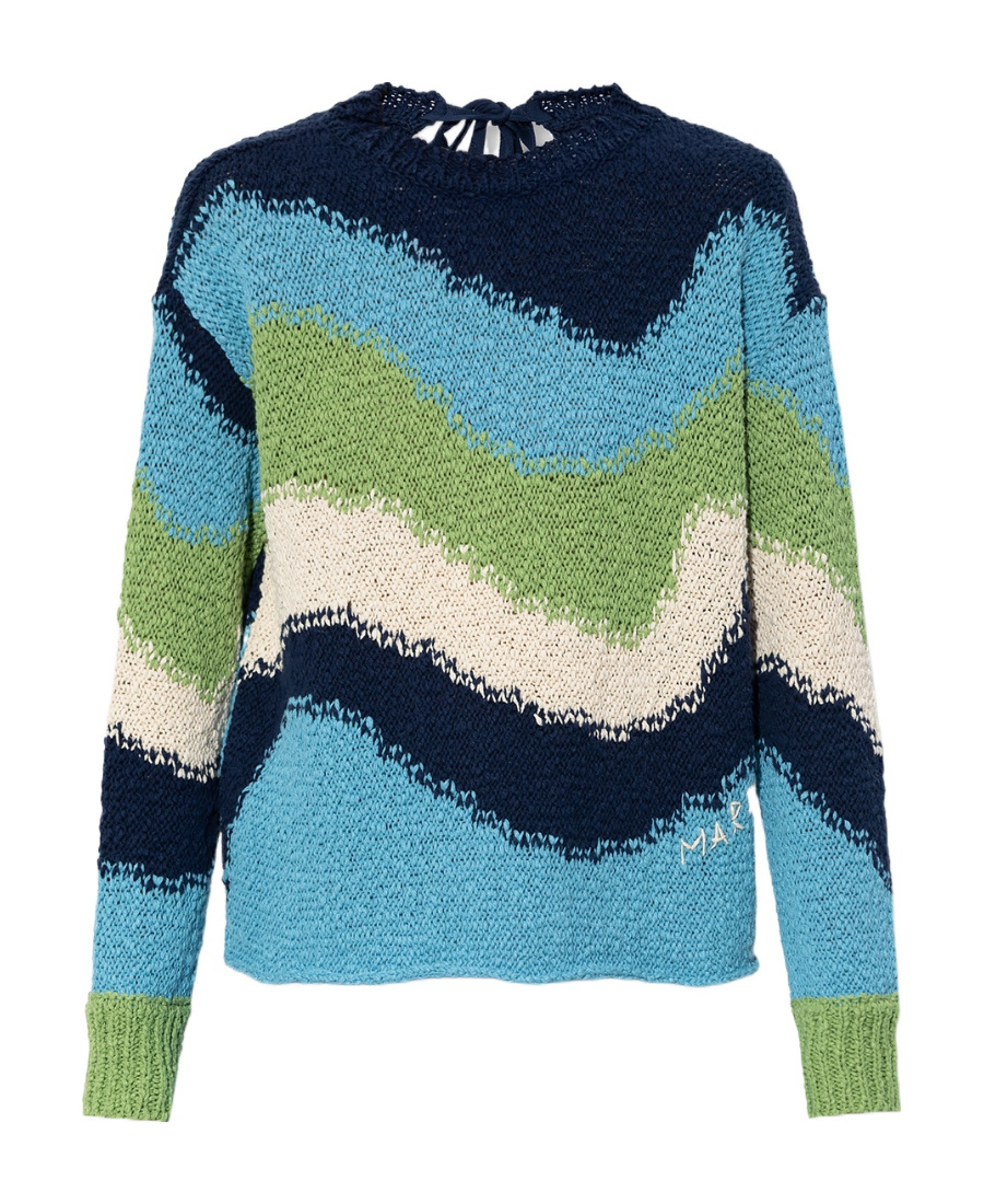 Marni Backless Wave-intarsia Cotton Sweater In Blue