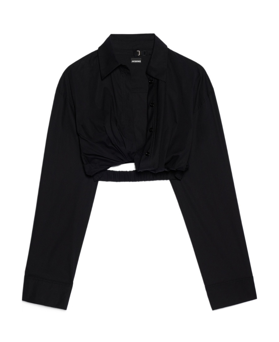 Jacquemus Black Textured Cotton Stretch Shirt With Drop Shoulder And Elasticated Hem In Black