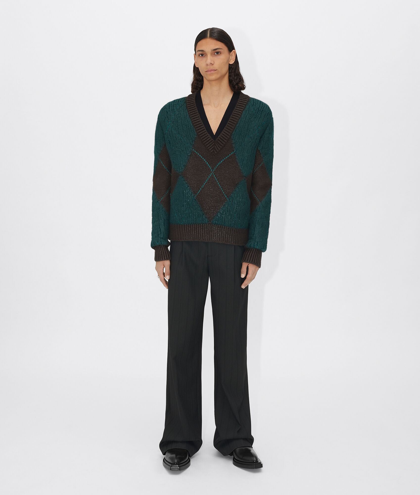 Bottega Veneta Coated Argyle-knit Jumper In Black