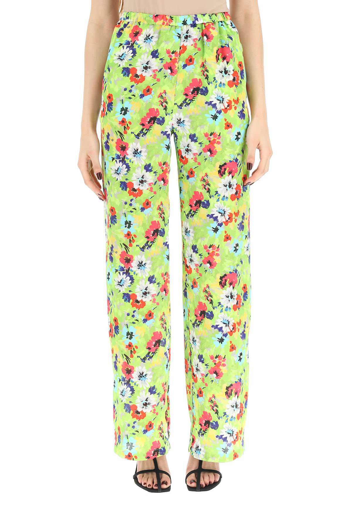 Shop Msgm Floral Printed Wide Leg Pants In Green