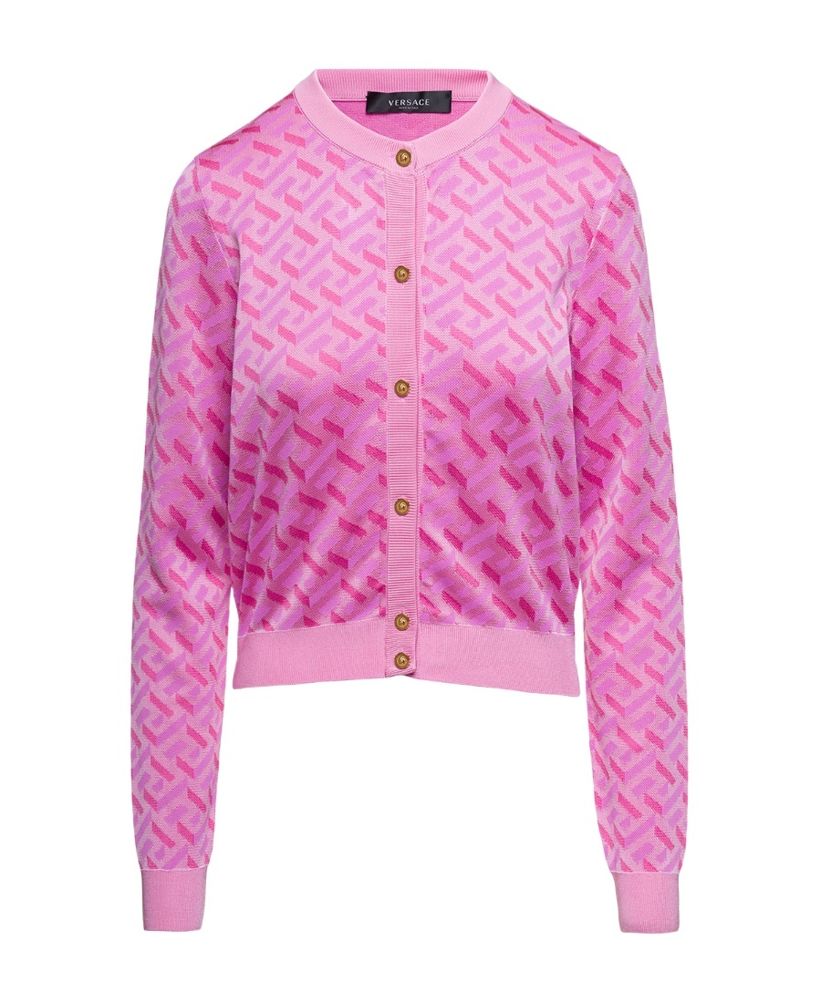 Versace Jacquard Cardigan La Greca In Pink