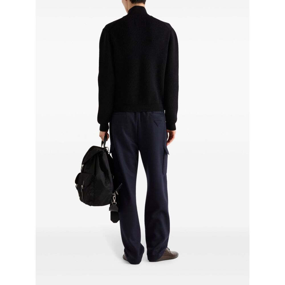 Prada Stretch Wool Blend Cardigan With Front Pockets In Black