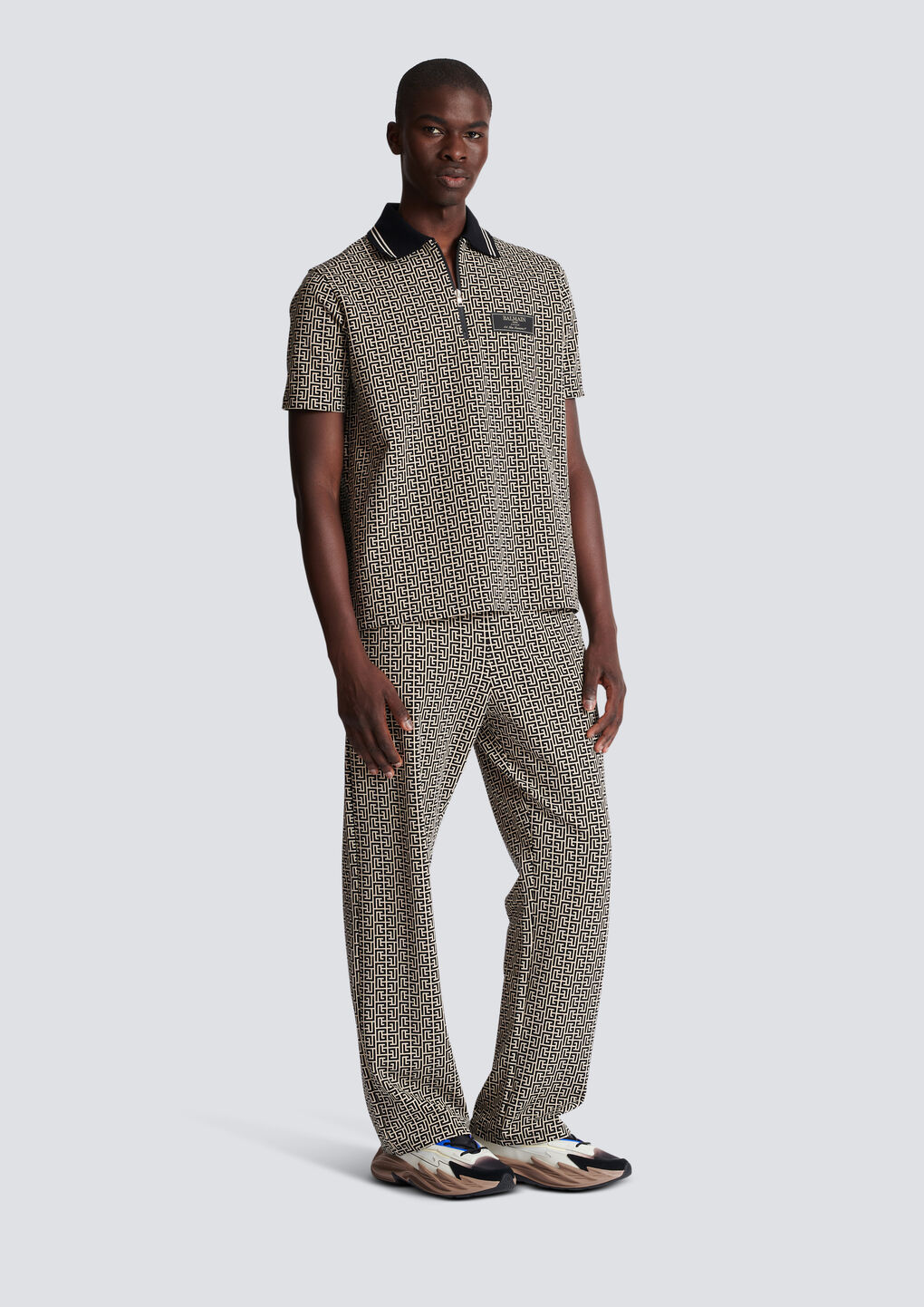 Balmain Labyrinth Polo Shirt With Jacquard Effect In Black
