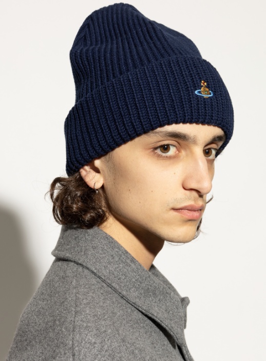 Vivienne Westwood Mens Navy Blue Sporty Orb-embroidery Wool Beanie In Blue