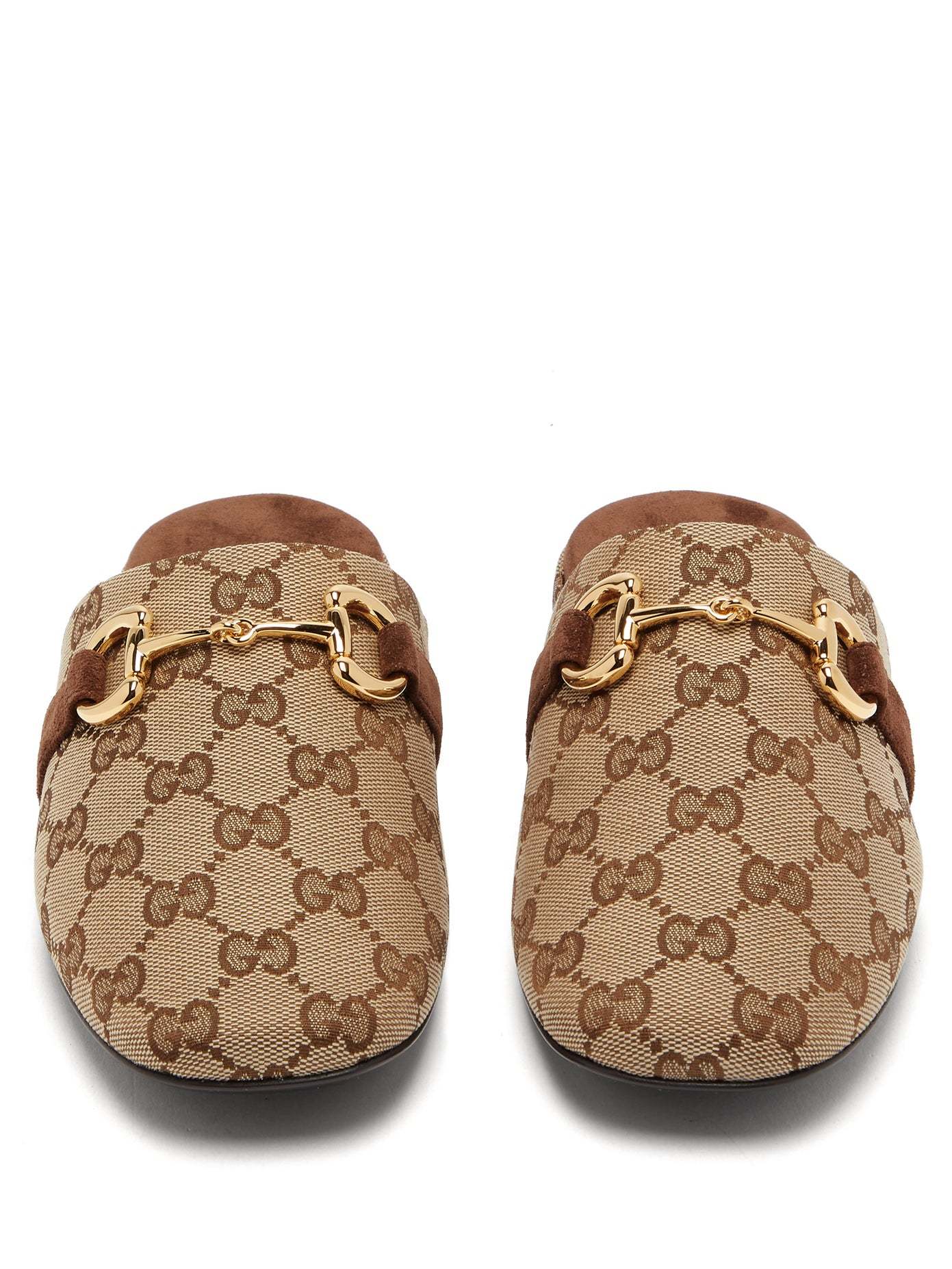 Gucci Monogram Pattern Horsebit Mules In Nude