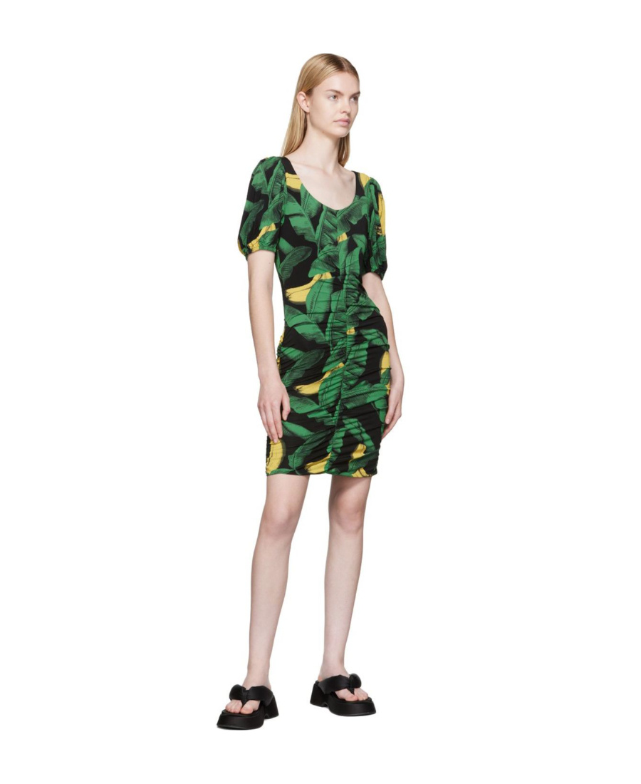 Ganni Printed Drapey Jersey Mini Dress In Black