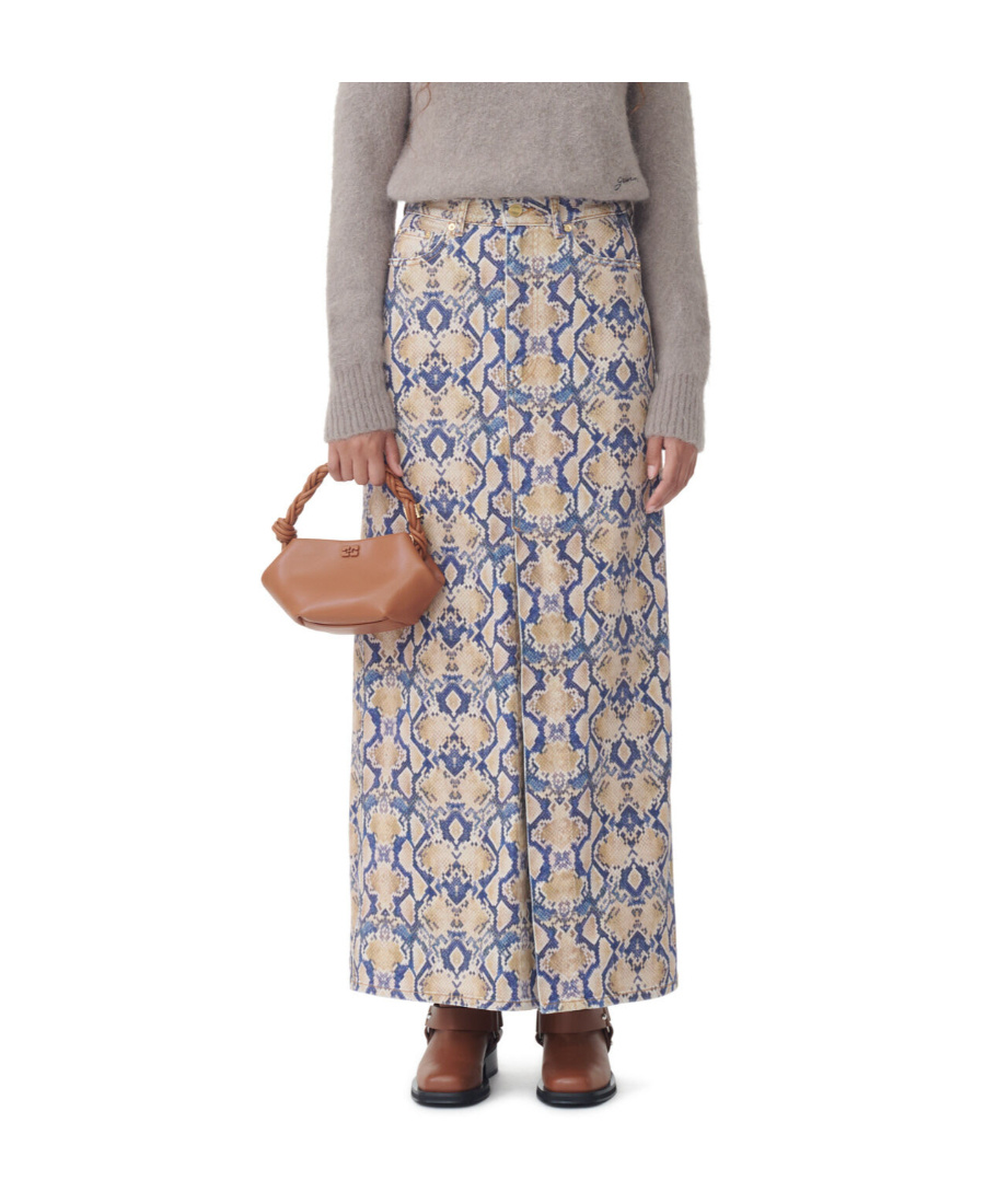 Ganni Iry Snake-print Denim Maxi Skirt In Nude