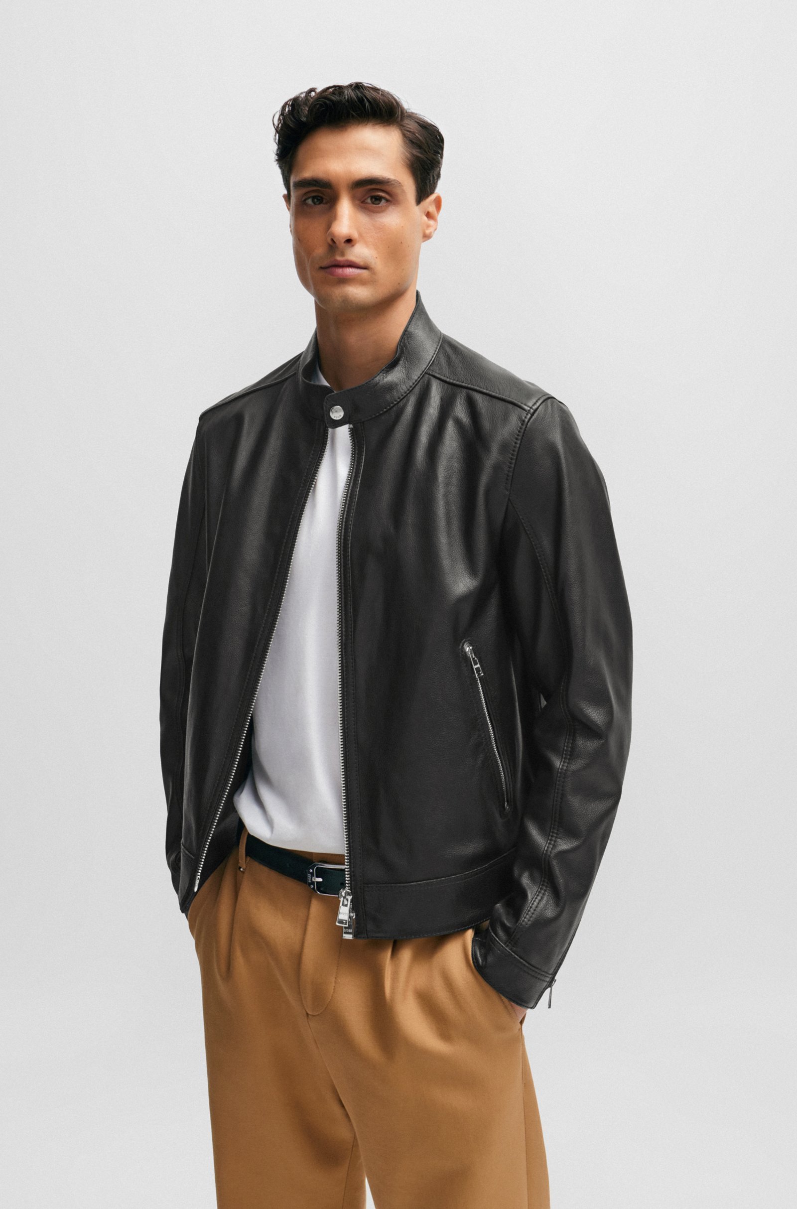 Hugo Boss Regular-fit Jacket In Grained Leather In Black