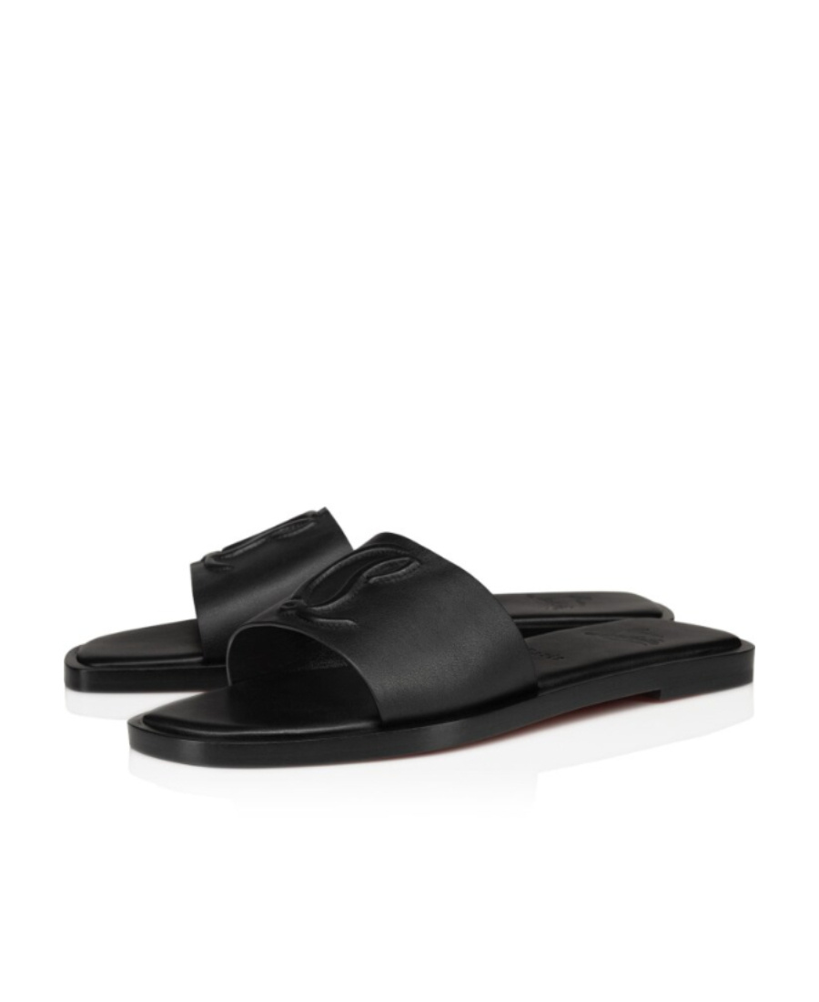 Christian Louboutin Leather Logo Red Sole Slide Sandals In Black