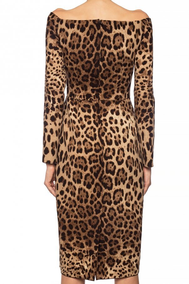 Shop Dolce & Gabbana Off-the-shoulder Leopard Print Midi Dress In Brown