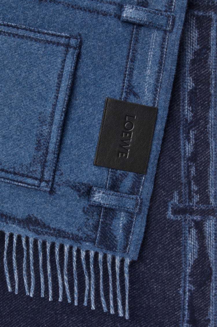 Loewe Womens Jeans Blue Denim-patchwork Anagram-embroidered Wool And Cashmere-blend Scarf In Blue
