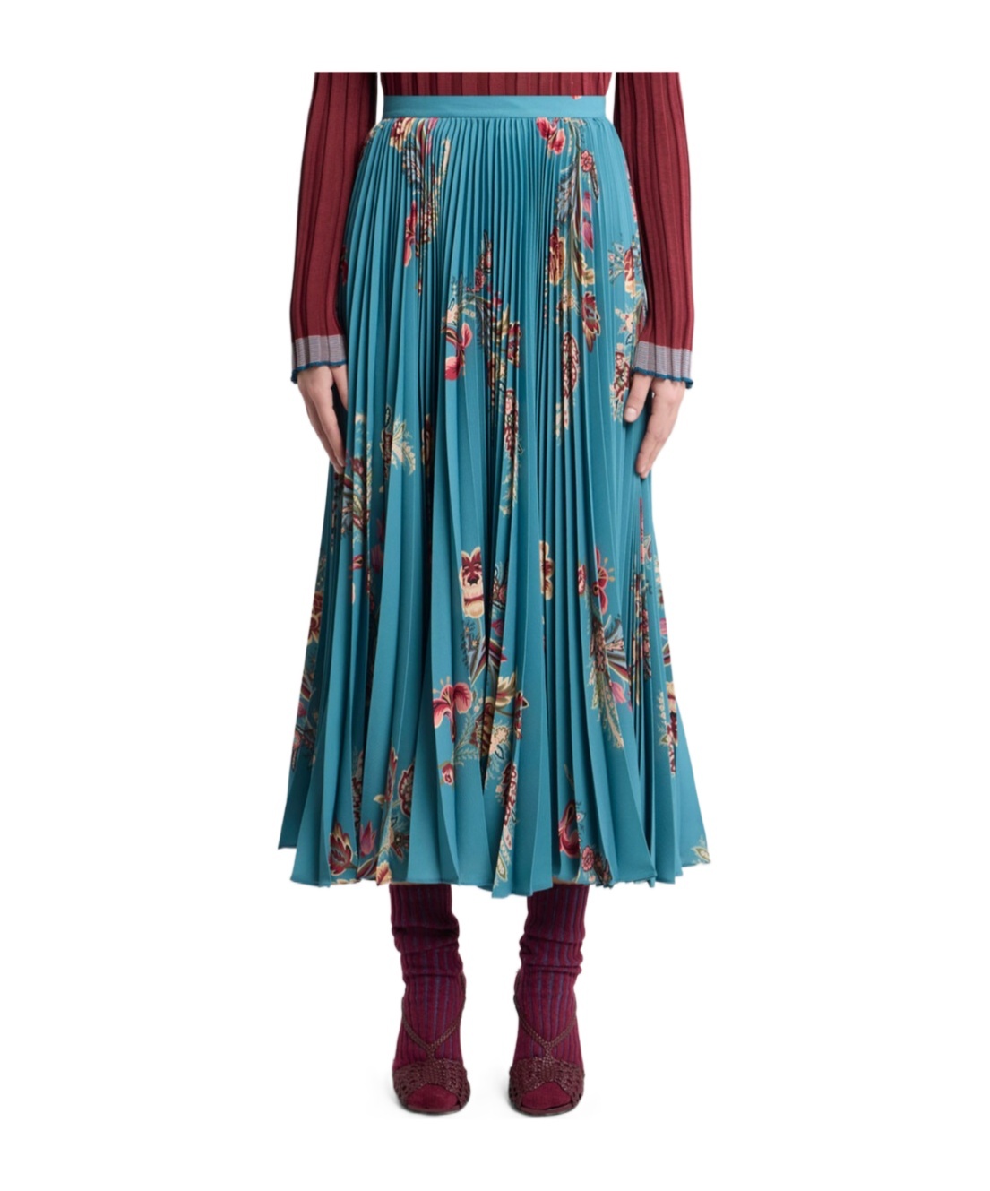 Etro Pleated Floral-print Midi Skirt In Blue